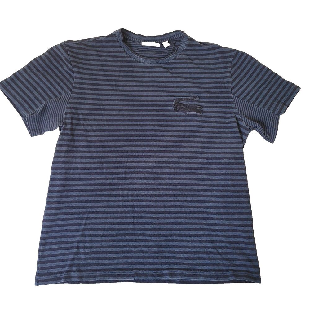 Lacoste Mens XL Slim Fit Navy Blue Striped Shirt Large Croc Logo Made in Peru